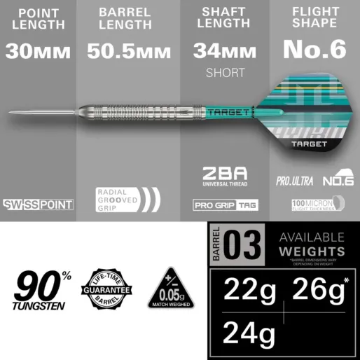 Target - darts Šípky Steel Hydro 03 - Swiss Point - 26g